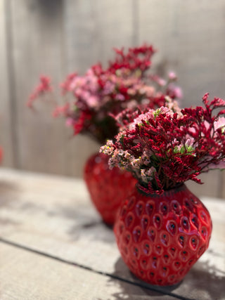 Aardbeienvaasje met bloemen die indrogen